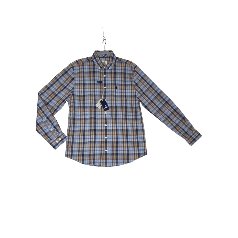 Johnnie-O Hangin‎ Out M's Med Blue Tan Plaid Long Sleeve Button Down Shirt NEW!!